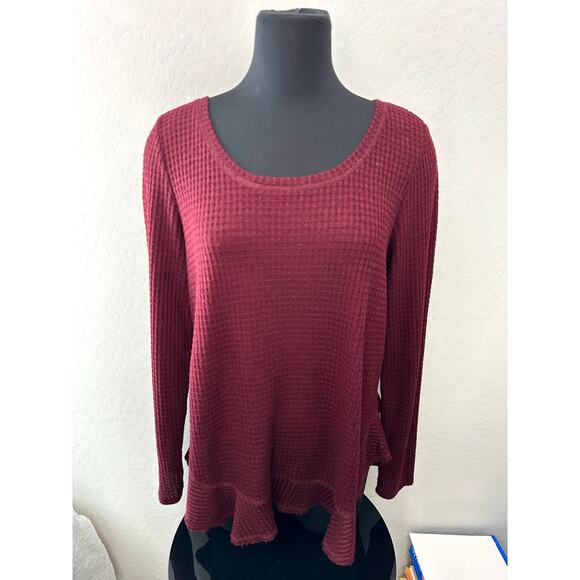 ANTHROPOLOGIE | Burgundy Red Waffle Texture Scoop Neck Ruffle Back Top | Large - Picture 2 of 6